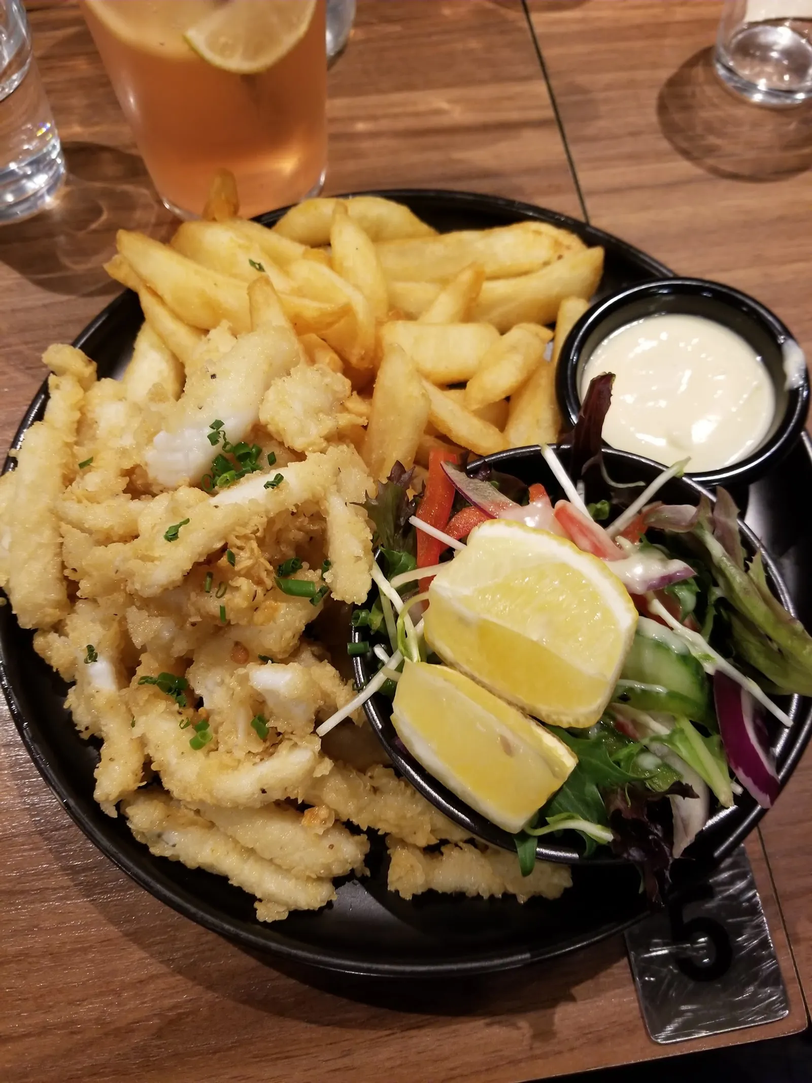 Salt and pepper squid with chips and aioli